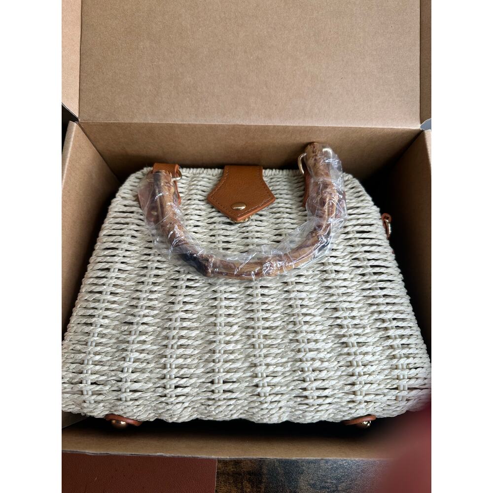 Straw Rattan Handbag Women Khaki Light Top Handle Crossbody Summer Beach Bag - Picture 4 of 9